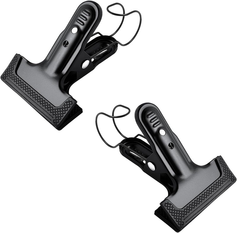 YRMJ 2 Pack 4-1/4" Heavy Duty Spring Clamps Clips, Black Metal Rubber Hinge Clip File Clamps for Photography Background Stands, Home Improvement Projects (2.17" Opening, with Hooks) - Image 1